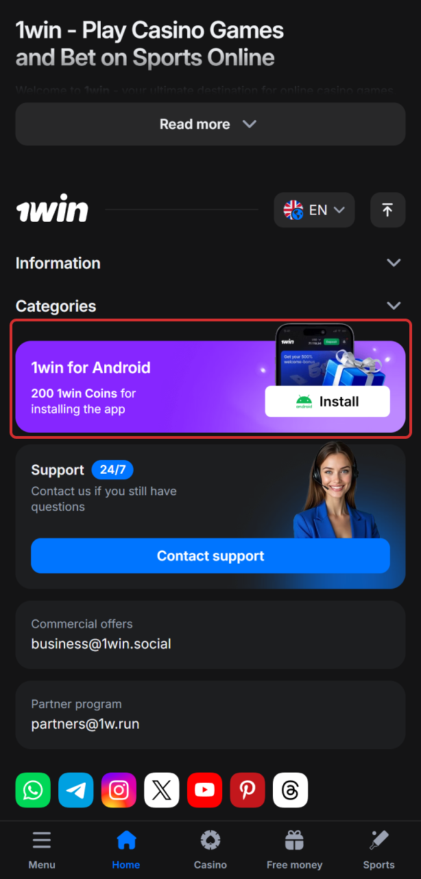 Scroll to the footer and locate the 1win Aviator download button.