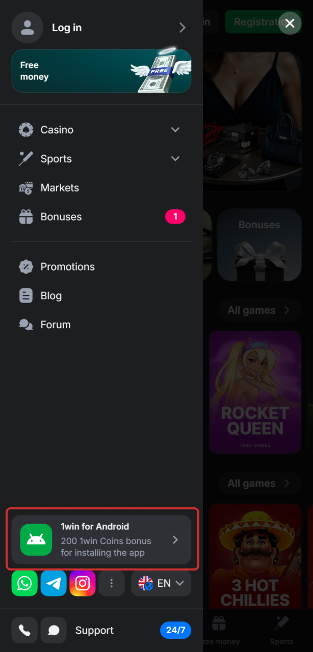Find the Mobile App Button to get the 1win Aviator App.