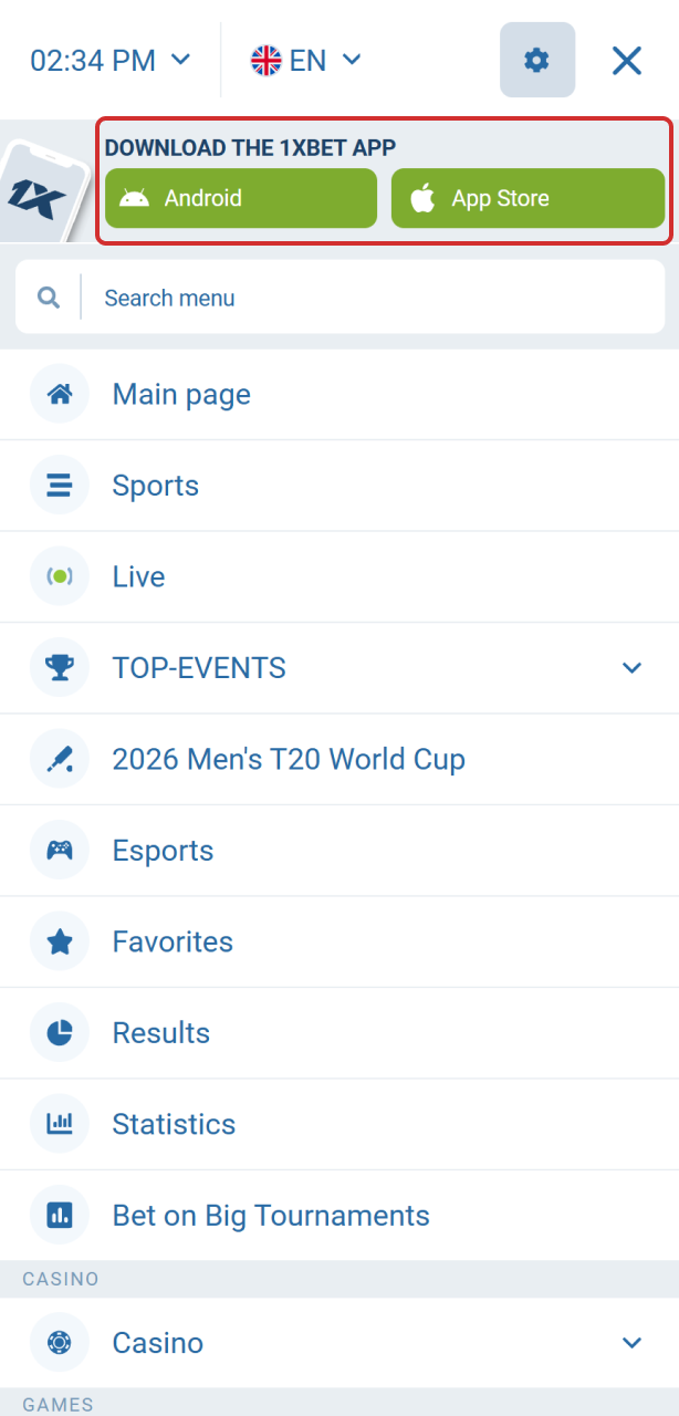 Find and tap the mobile application link for 1xBet Aviator.