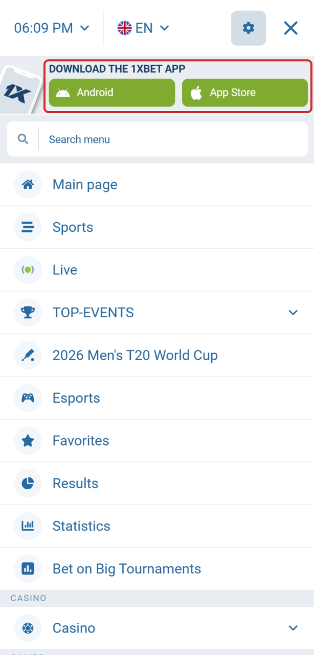 Find the Mobile App Button to get the 1xBet Aviator file.