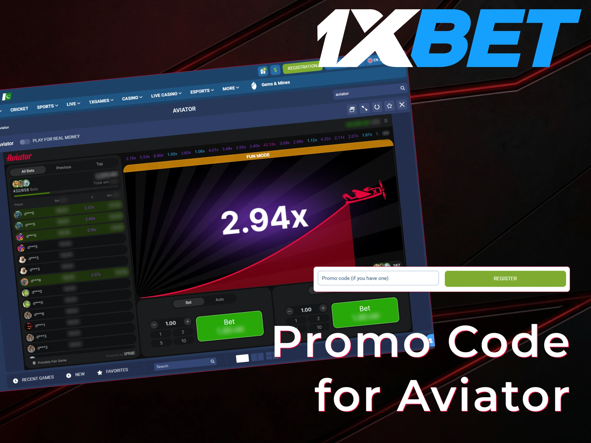 Activate a special promo code for Aviator 1xBet to increase rewards.