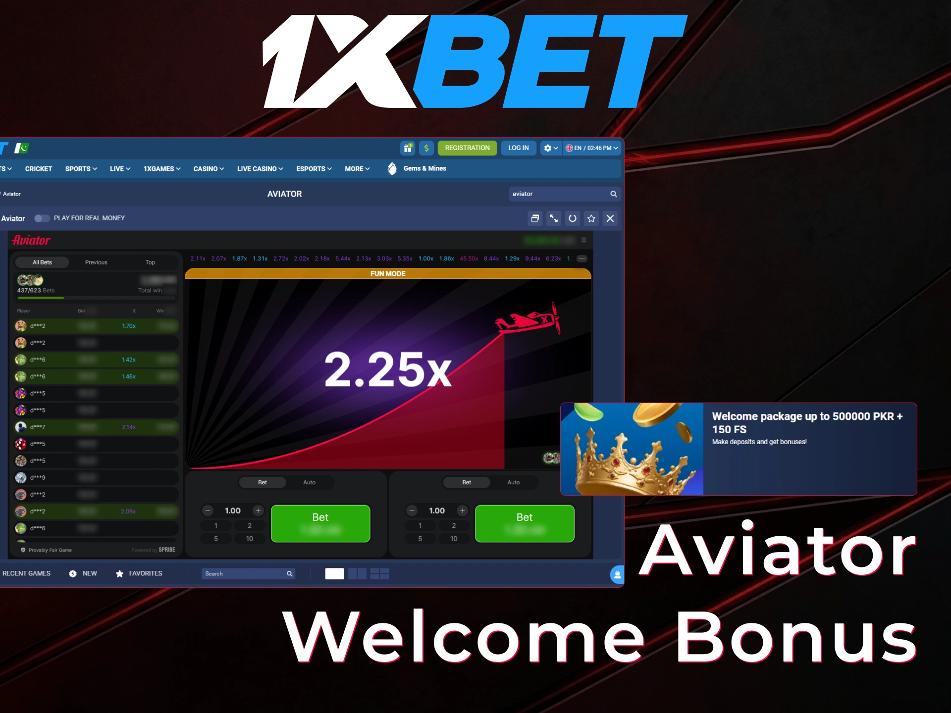 Get a 1xBet Aviator welcome bonus for players from Pakistan now.